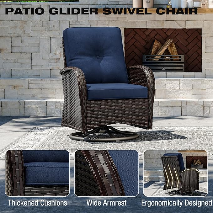 Joyside 10 Piece Patio Furniture Set, Outdoor Wicker Conversation Sets with Swivel Rocker Chairs and Sofa, Thick Cushion, Rattan Patio Sectional for Porch, Deck Use (Brown/Blue, 10 PCS)