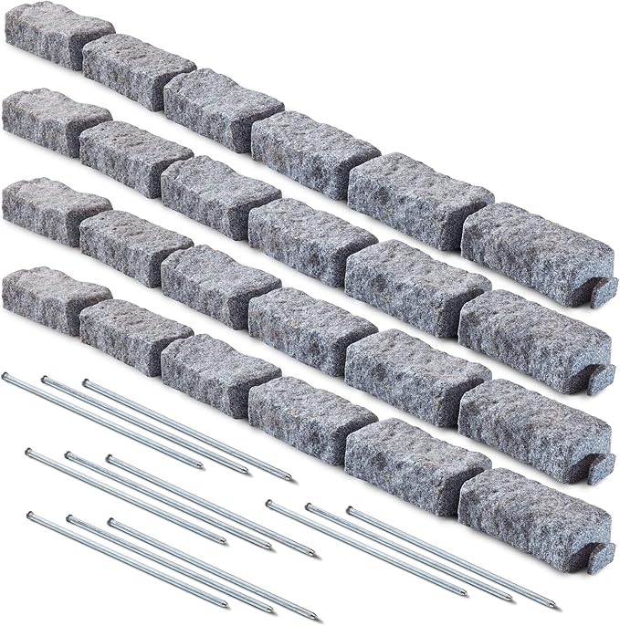Beuta Landscape Edging | Garden Edging Border | Faux Stone Bricks for Lawn edging, Flower beds, Pathways & Yard Edging– 4 Packs | Each Section Has 6 Bricks 48"L x 4"W x 2.25"H | 12 Spikes |Greystone