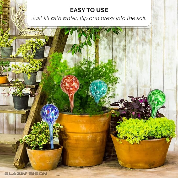 Blazin Indoor Plant Watering Globes | Automatic Self Water Bulbs | Aqua Water Globe | Decorative Hand-Blown Glass | 4pc Deluxe Set (Large)