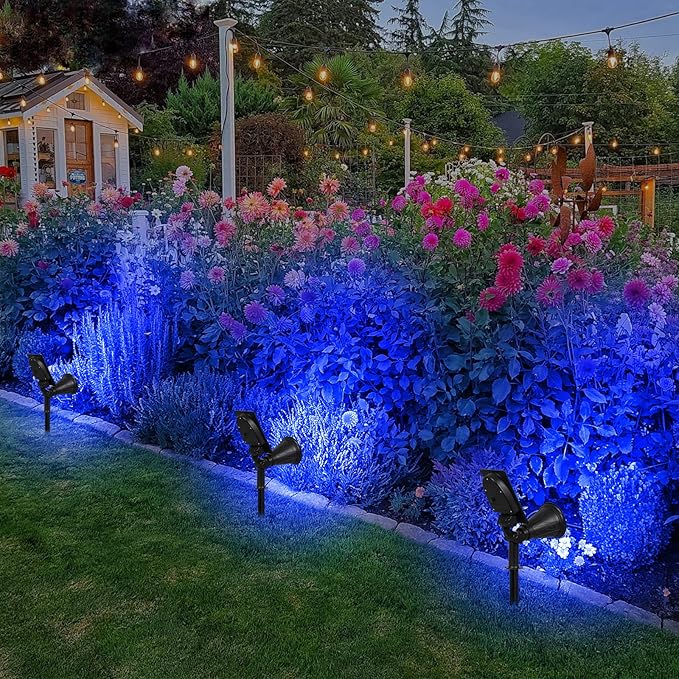 T-SUN Blue Solar Spotlights, Solar Lights Outdoor Waterproof, Auto ON/Off Adjustable Solar Garden Pond Lights for Tree, Patio, Yard, Garden, Driveway, Stairs, Pool Area (Blue- 2 Pack)