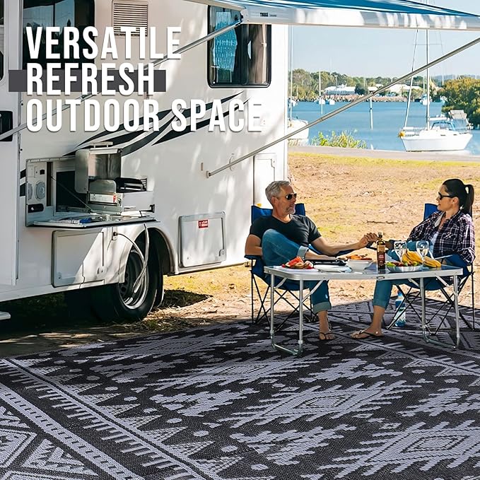 OLANLY Outdoor Rug Waterproof 9x12 ft, Reversible Outdoor Plastic Straw Rug, Boho Patio Rug, Indoor Outdoor Carpet, RV Mat Outside for Patio, Camp, Picnic, Balcony, Deck, Backyard, Black & Grey