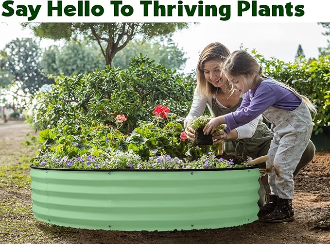 Round Galvanized Raised Garden Bed // 4×4×1 ft Galvanized Raised Garden Beds Outdoor for Gardening, Vegetables, Flowers // Patented Tool-Free Design Round Planter (Light Green)