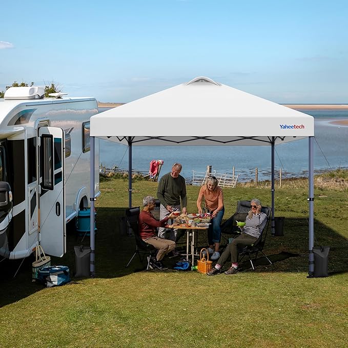 Yaheetech 10x10 Pop-up Canopy Tent w/ 2 Integrated Wheels for Mobility, Waterpoof & Heavy Duty, Instant Sun Shelter with Carry Bag, Weight Bags for Outdoor Camping Beach Patio Parties, White