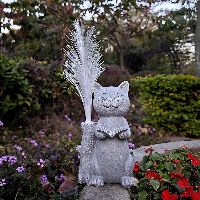 Cat Solar Garden Statues,Resin Cat Figurine Reading a Book and 7-Color Changing Optical Fiber with Solar Lights, Lawn Decor Outdoor Statue for Patio,Balcony,Yard,Lawn Ornament