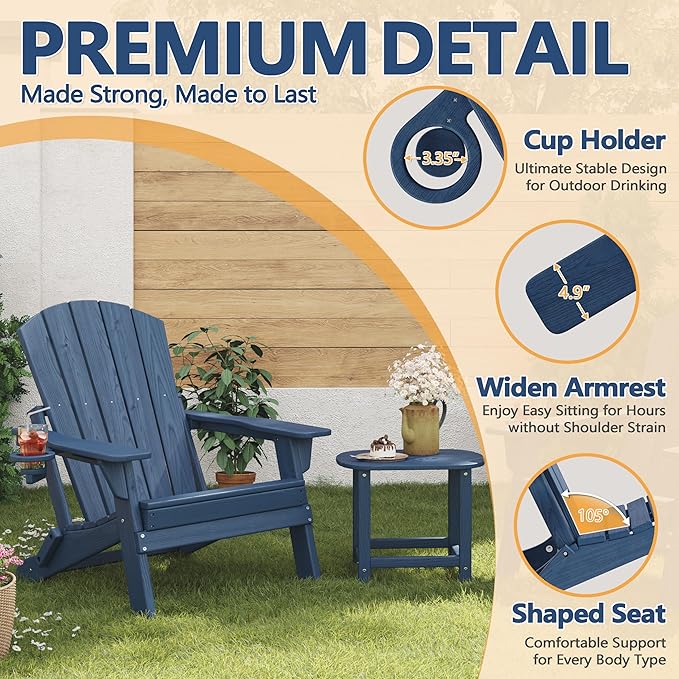 Folding Adirondack Chair Set of 4 with Cup Holder, HDPE All Weather Resistant Plastic Outdoor Patio Chairs, Heavy Duty Fire Pit Seating for Backyard Lawn Garden, Wooden Textured Design(Navy Blue)