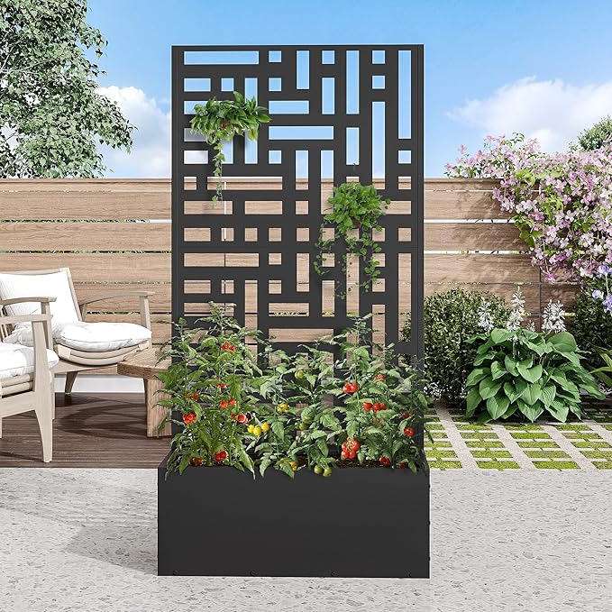Casaphoria Metal Raised Garden Bed with Trellis and Wheels, 59"x30"x12" Planter Box for Climbing Plants, Vegetables & Vines, Features Drainage Holes and Privacy Screen (Black-Helen)