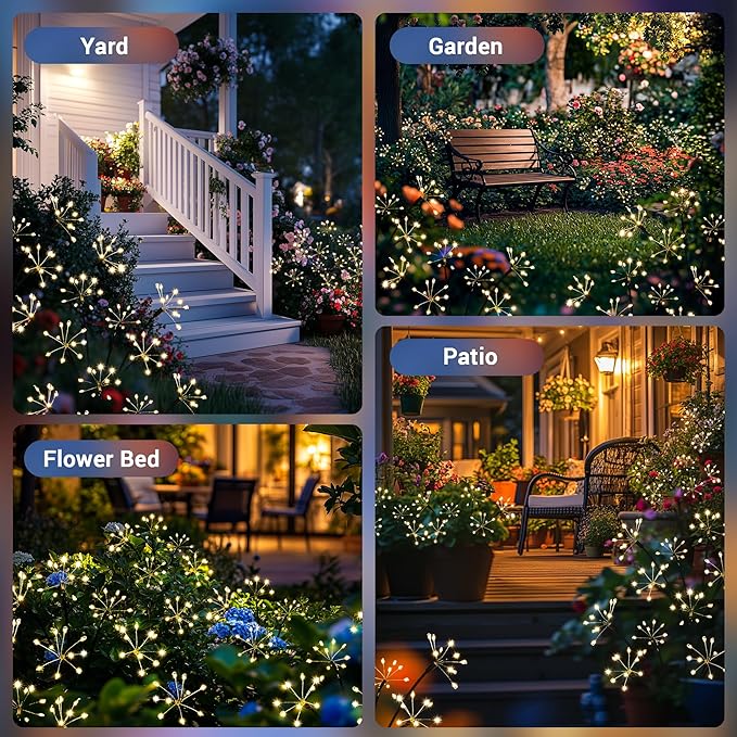Solar Garden Decor Lights Outdoor, Solar Powered Lights Waterproof for Yard Patio Porch Flowerbed, Fairy Gardening Supplies Gifts Firwork (2 Pack)