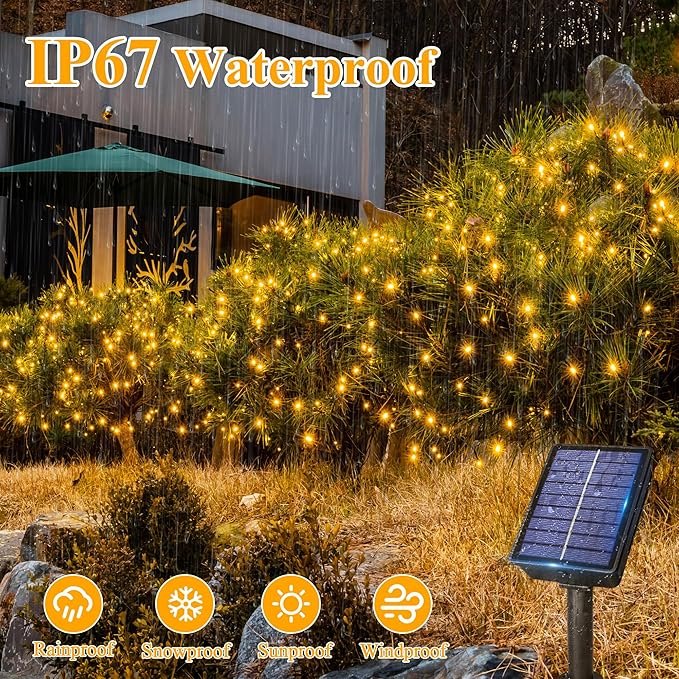 Ollny Solar String Lights Outdoor, 2 Pack Total 80FT 240LED Solar String Lights, 8 Modes IP67 Waterproof Fairy Lights for Outside Yard Garden Holiday Xmas Decorations, Warm White