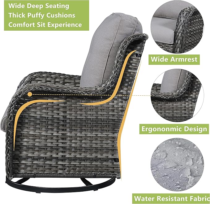 Outdoor Patio Swivel Rocker Chairs - 3 Piece Patio Bistro Set,Wicker Patio Furniture Set with 2 Swivel Rocking Chairs and 1 Glass Top Side Table for Deck Porch Garden,Mixed Grey/Beige