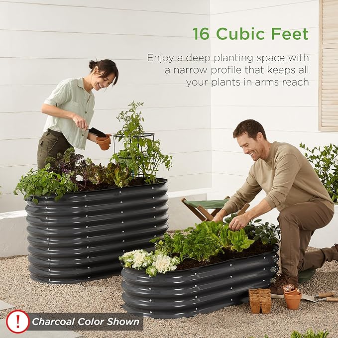 Best Choice Products 4x2x2ft Outdoor Metal Raised Garden Bed, Oval Deep Root Planter Box for Vegetables, Flowers, Herbs, and Succulents w/ 101 Gallon Capacity, Rubber Edge Guard - Sage Green