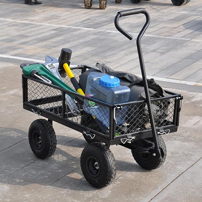 400 Lbs Capacity Mesh Steel Garden Cart Folding Utility Wagon with Removable Sides Multi-Purpose