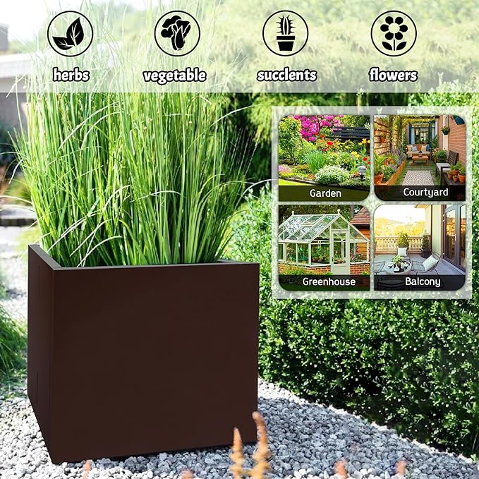 Galvanized Steel Rectangular Planter, 16"x 12"x 12" Small Planters for Outdoor Plants, Brown Outdoor Planter with Drainage Holes
