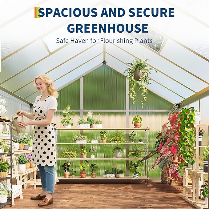 8 x 10 FT Greenhouse, Greenhouses for Outside, Polycarbonate Greenhouse with Aluminum Frame, Lockable Door and Ajustable Roof Vent for Backyard, Green Houses for Outside Garden Backyard, Patio