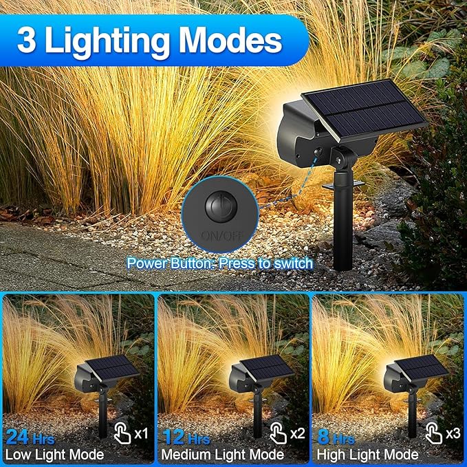 108 LED Solar Spot Lights Outdoor, IP65 Waterproof, 3 Modes Landscape Spotlights, Large Solar Panel Powered Lights for Garden Yard Pathway (Warm White/2 Pack)