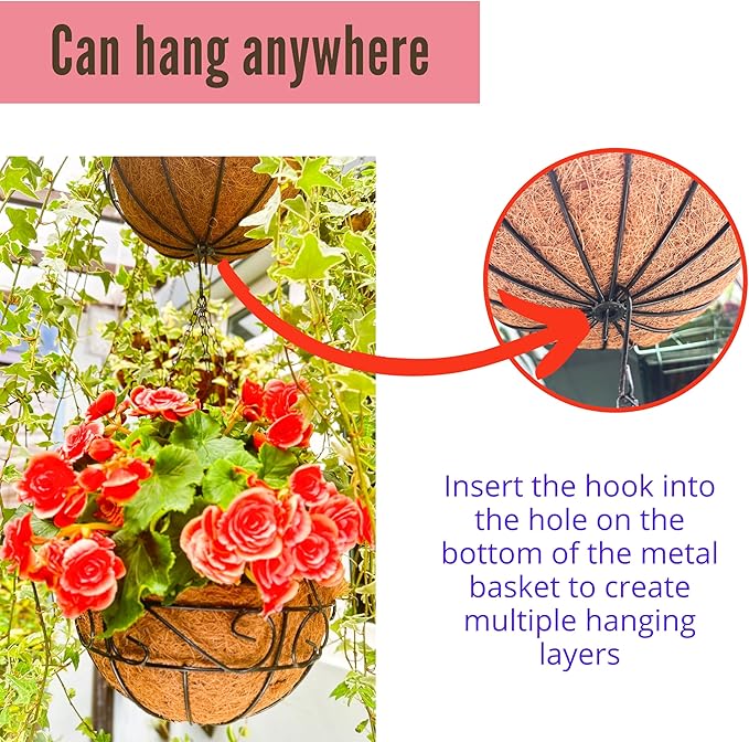 LaLaGreen Hanging Planter for Outdoor Plants (4 Pack, 16 Inch) Hanging Baskets with Coco Liner, Metal Wire Flower Basket Pots with Hook Hanger Balcony Porch Farmhouse Country Style Garden Decor