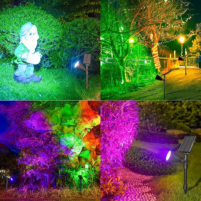 Solar Outdoor Spotlights - 18 LED, 600 Lumens, Waterproof, 7 Colors Adjustable for Year Round Patio, Garden, and Landscape Festive Lighting (1 Pack)