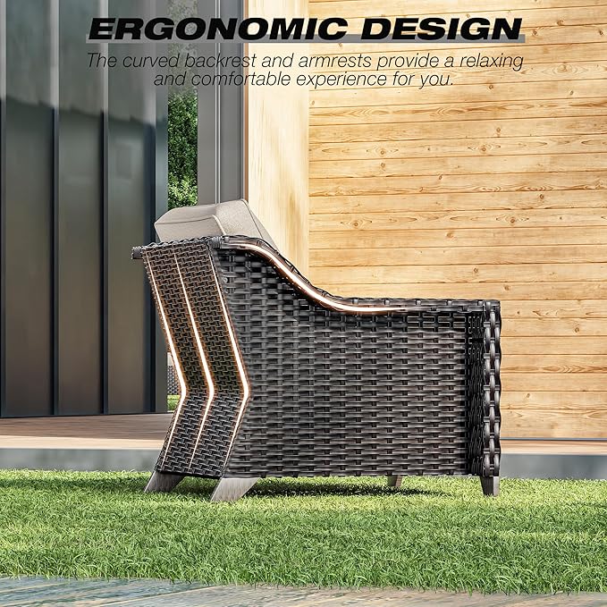 Joyside Wicker Patio Furniture Sets, 4 Pieces Upgraded Large Size Outdoor Furniture with Patio Dining Chairs and Outdoor Ottoman, Thick Cushions, Wide Armrest