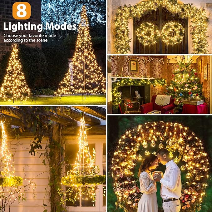kolpop Solar Fairy Lights for Outside Waterproof, 3 Pack 96FT 240LED Solar Powered String Light Outdoor, 8 Modes Copper Wire Solar Twinkle Lighting for Tree Garden Yard Christmas(Warm White)