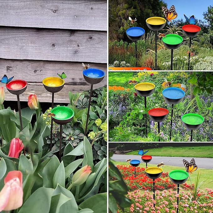 HLMOptimo 2 Packs/4 Packs Bee Watering Stations, Bee Cups for Garden, Bee Butterfly Water Station Bee Waterer, Metal Garden Stakes for Outdoor Garden Courtyard Decor (Yellow Blue Red and Green)