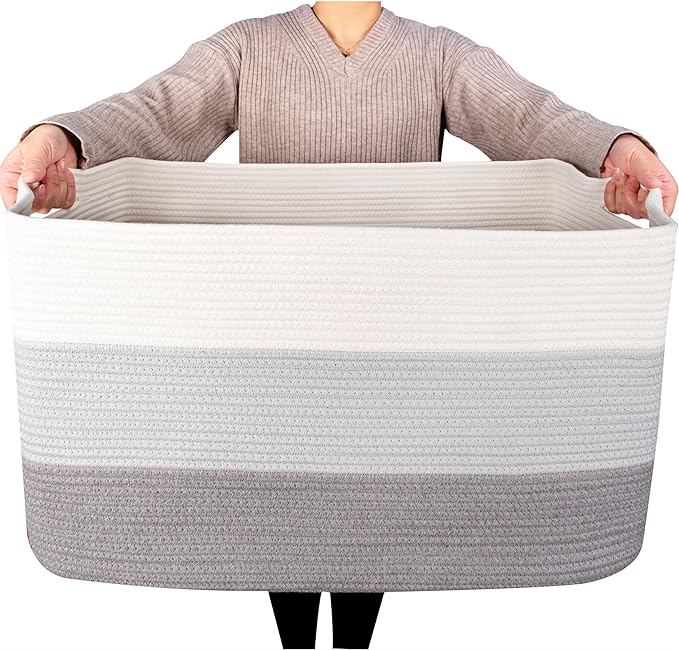 MINTWOOD Design 22in Extra Large Blanket Basket Holder Living Room, Rectangle Rope Woven Storage Basket with Handles for Laundry, Pool Towels, and Shoes, Dog Toy Organizer Bin Box, 3-Tone Light Gray