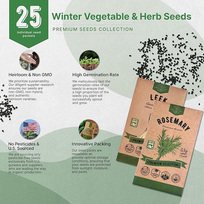 Organo Republic 25 Winter Vegetable & Herb Garden Seeds Variety Pack for Outdoors & Indoor Home Gardening 5000+ Non-GMO Heirloom Seeds Broccoli Beet Carrot Cabbage Radish Pea Mint Thyme Parsley