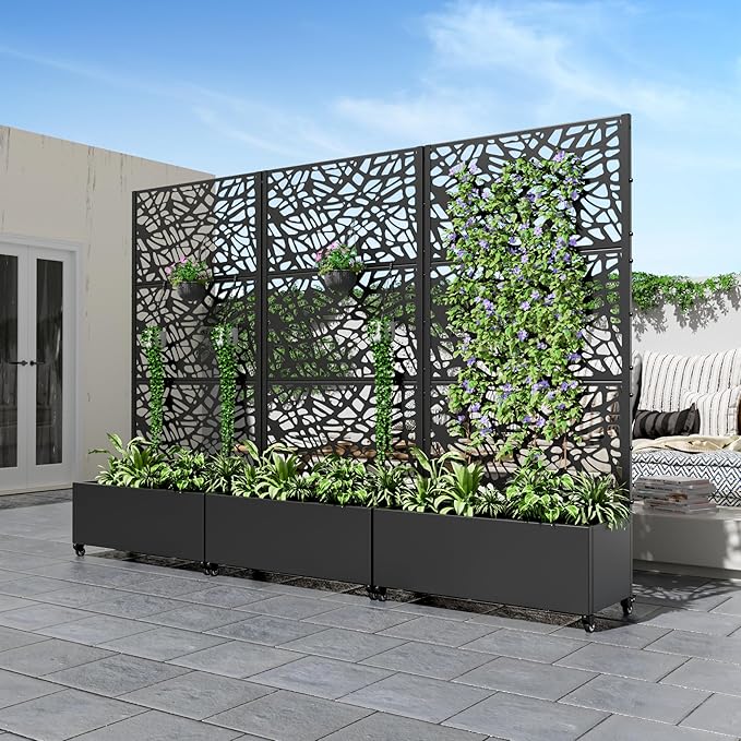 Casaphoria Metal Raised Garden Bed with Trellis and Wheels, 72"x35"x16" Planter Box for Climbing Plants, Vegetables & Vines, Features Drainage Holes and Privacy Screen (Black-Net)