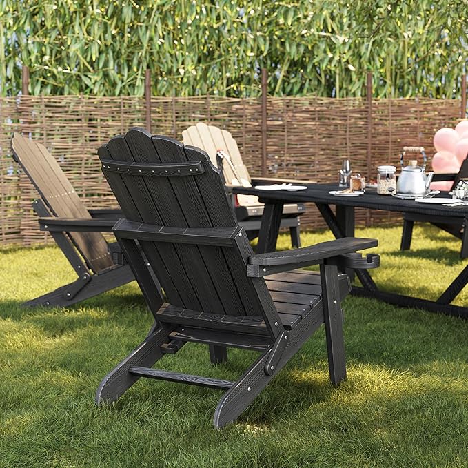 Adjustable Backrest Folding Adirondack Chair Set of 2, Adirondack Chair with Ottoman, Weather Resistant Fire Pit Chair with 2 Cup Holders, for Porch Backyard Outdoor Lawn Pool Deck Beach, Black