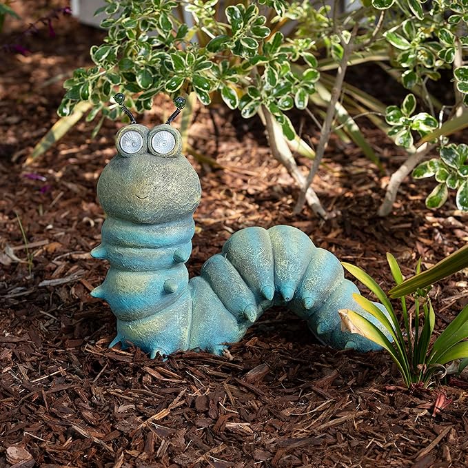 Alpine Corporation FCC121SLR Outdoor Solar Powered Garden Caterpillar Statue with LED Lights, LED Solar Garden Décor, 16"
