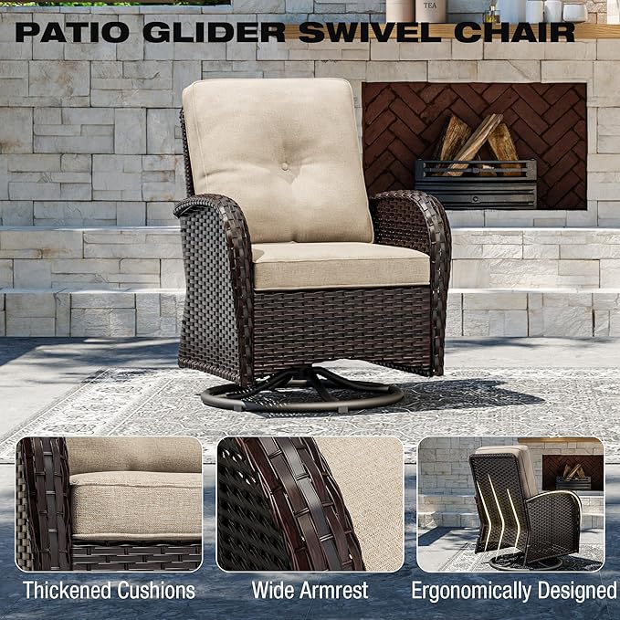 Joyside 9 Piece Patio Furniture Set, Outdoor Wicker Conversation Sets with Swivel Rocker Chairs and Sofa, Thick Cushion, Rattan Patio Sectional for Porch, Deck Use (Brown/Beige, 9 PCS)
