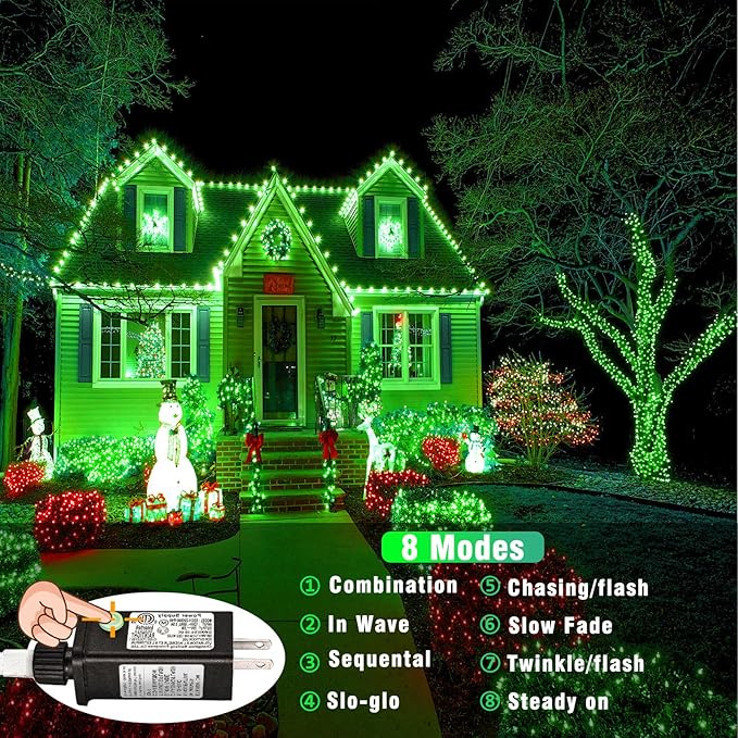 33ft 100 LED String Lights Indoor - Christmas Lights Outdoor 8 Modes Clear Wire Waterproof Plug in Twinkle Fairy Lights for Christmas St Patricks Day Decorations, Green
