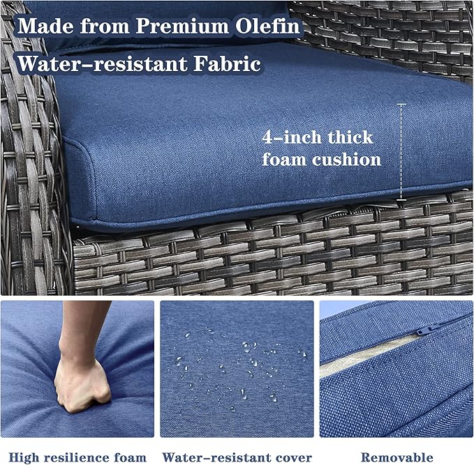 5 Piece Outdoor Patio Furniture Set - Wicker Furniture Patio Conversation Set, Outdoor Swivel Rocker Chairs with 3-Seater Sofa and 2 Ottomans for Small Space, Blue Cushion
