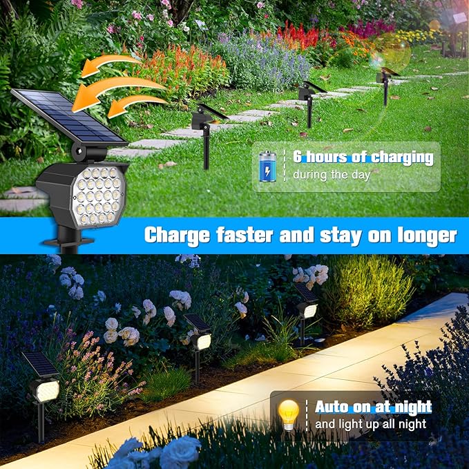 NIORSUN Solar Spot Lights Outdoor,23 LEDs Landscape Lighting with Auto On/Off and 3 Lighting Modes, IP67 Waterproof Spotlights,Outdoor Solar Lights for Yard Garden,2 Pack(Warm White)
