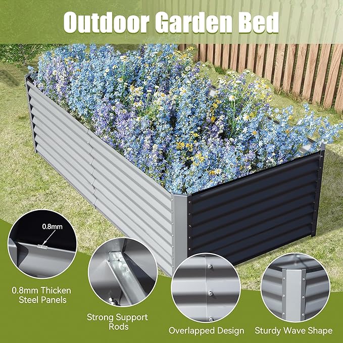 Domi Galvanized Raised Garden Bed, Outdoor Planter Garden Boxes Large Metal Planter Box for Gardening Vegetables Fruits Flowers, Silvery (8x4x2ft)