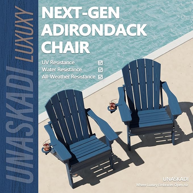 Folding Adirondack Chair Set of 2 with Cup Holder, HDPE All Weather Resistant Plastic Outdoor Patio Chairs, Heavy Duty Fire Pit Seating for Backyard Lawn Garden, Wooden Textured Design(Navy Blue)