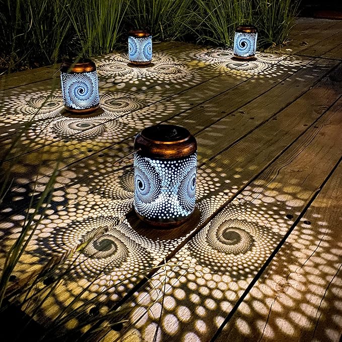 4 Pack Solar Lanterns Outdoor Hanging Lantern Metal Waterproof LED Lantern with Solar Powered Garden Patio Decorations Decor Lantern with Handle Christmas Gift Idea