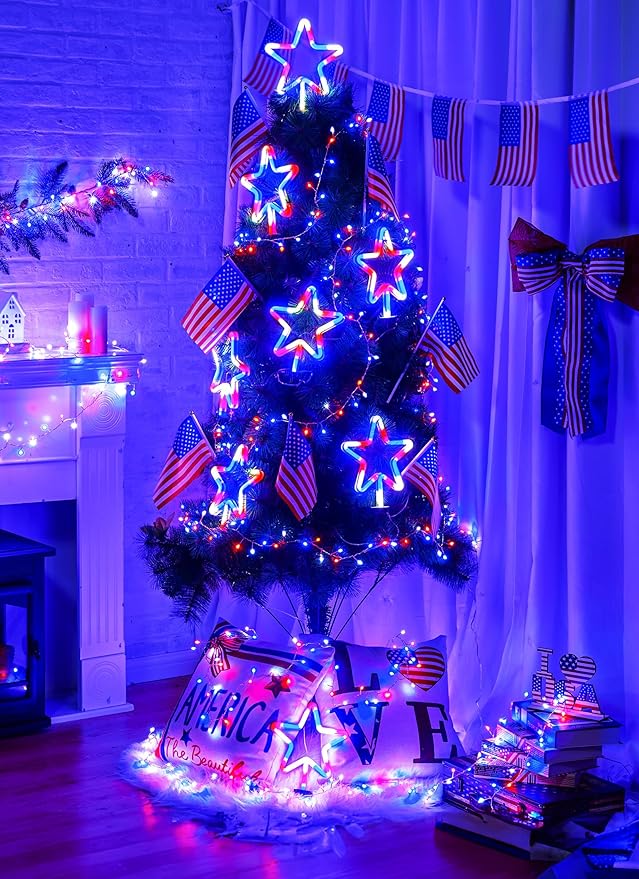4th of July Decorations Outdoor Red White and Blue Lights, 4 Big Neon Star Pathway Lights Plug in for Independence Day Memorial Day Patriotic Decor Outside Garden Yard Lawn