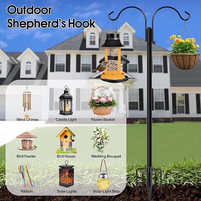 Ottsuls Bird Feeder Pole, 2 Pack 76 INCH Double Shepherds Hooks for Outdoor, with 5 Base Prongs Heavy Duty Tall Garden Planter Hooks for Hanging Flower Basket, Lantern, Hummingbird Feeder