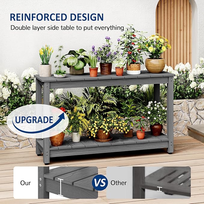 Outdoor Console Table, 48" Weather Resistant HIPS Patio Side Table, 440LBS Weight Capacity, 2-Tier Multifunctional Buffet Bar Storage Organizer for Garden Deck, Gray