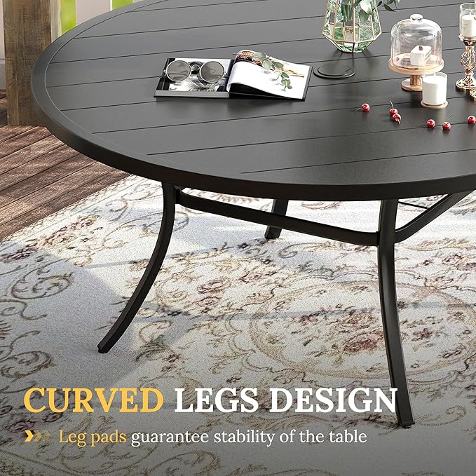 VICLLAX Patio Dining Set for 8, Outdoor Furniture Set Includes 53" Round Patio Table and 8 Patio Sling Chairs, Black Tabletop and Brown Fabric