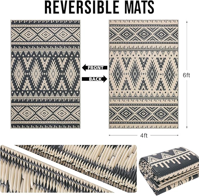 OLANLY Outdoor Rug Waterproof 4x6 ft, Reversible Outdoor Plastic Straw Rug, Boho Patio Rug, Indoor Outdoor Carpet, RV Mat Outside for Patio, Camp, Picnic, Balcony, Deck, Backyard, Black & Beige