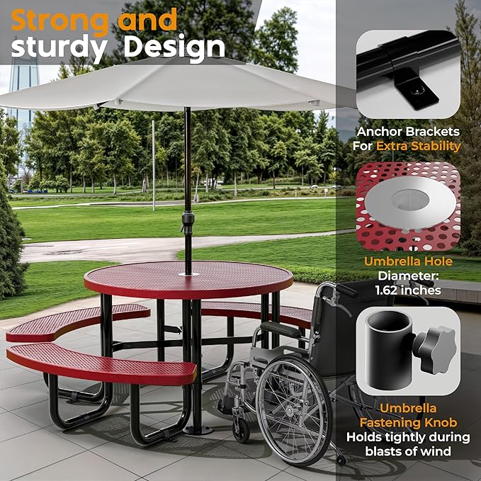 Metal Picnic Tables for Outdoors with Umbrella Hole - Coated Steel Heavy Duty Commercial Grade Table with Adjustable Seats (Red, 46 in, Round, Punched Steel)