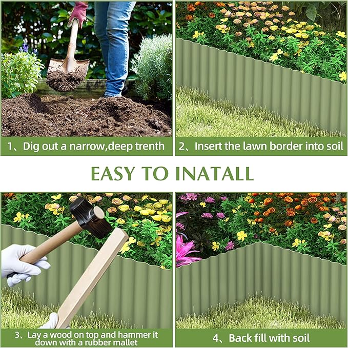 Metal Garden Edging Border, Corrugated Steel Landscaping, DIY for Lawn (Green, 10 Inch x 20FT)