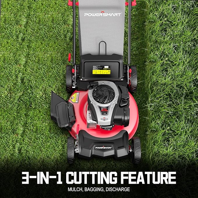 PowerSmart Gas Lawn Mower 21-inch with 140cc Briggs and Stratton E550 Engine, 3-in-1 Push Mower with Mulch, Bagger, Side-Discharge