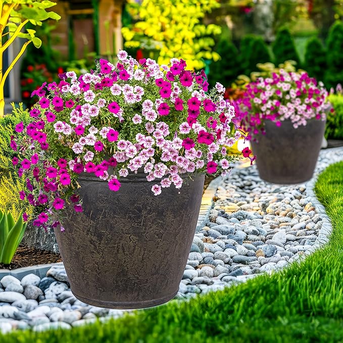 Sunnydaze 24-Inch Anjelica Large Plastic Pot for Plants - Outdoor Polyresin Round Planter with Drillable Drainage Holes - Sable - 2pk