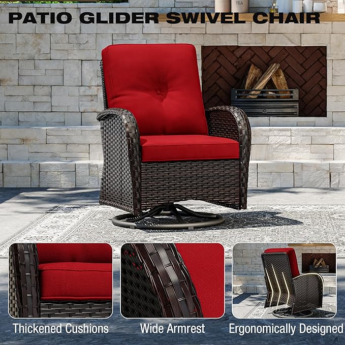 Joyside Outdoor Swivel Rocker Chairs, 3 Piece Wicker Patio Set with Thick Cushion and Side Table, Rattan Patio Swivel Rocking Chairs for Porch, Deck Use (Brown/Red, 3 PCS)