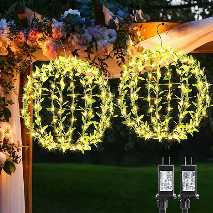 Flacchi Hanging Iron Sphere Lights with Artificial Greenery – 12Inch 120 LED Waterproof Outdoor/Indoor Decor Ball Light with Timer & 8 Modes – 2 Pack for Garden, Christmas, Weddings (Warm White)
