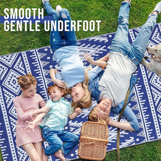 OLANLY Outdoor Rug Waterproof 4x6 ft, Reversible Outdoor Plastic Straw Rug, Boho Patio Rug, Indoor Outdoor Carpet, RV Mat Outside for Patio, Camp, Picnic, Balcony, Deck, Backyard, Blue & White