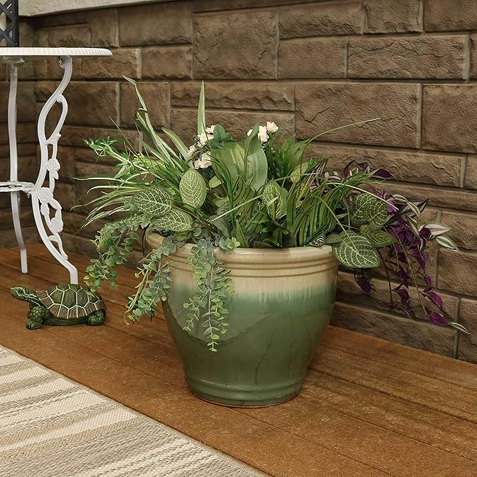 Sunnydaze Studio Large Ceramic Plant Pot - Round Outdoor Glazed Ceramic Planter Pot with Drainage - Seafoam - 14.5"