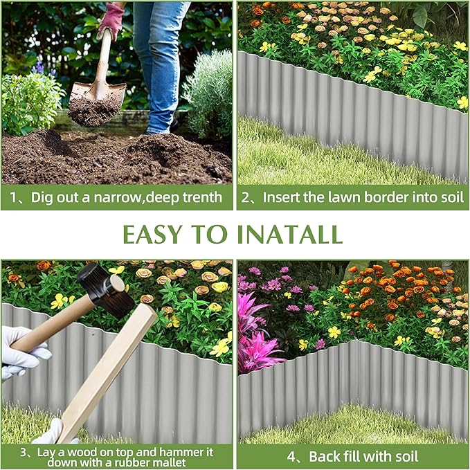 Metal Garden Edging Border, Corrugated Steel Landscaping, DIY for Lawn (Silver, 10 Inch x 20FT)