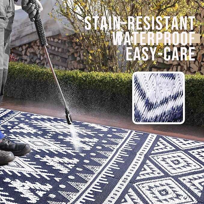 OLANLY Outdoor Rug Waterproof 4x6 ft, Reversible Outdoor Plastic Straw Rug, Boho Patio Rug, Indoor Outdoor Carpet, RV Mat Outside for Patio, Camp, Picnic, Balcony, Deck, Backyard, Navy & White